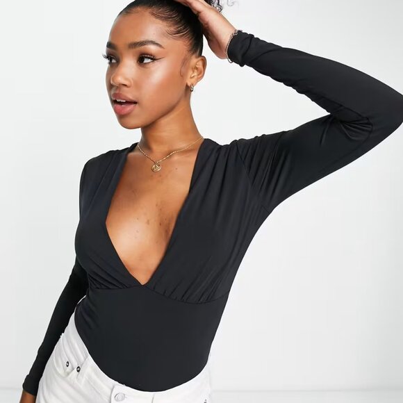 Abercrombie & Fitch Black Long Sleeve Deep V-Neck Bodysuit Soft A&F Collection - Picture 5 of 15